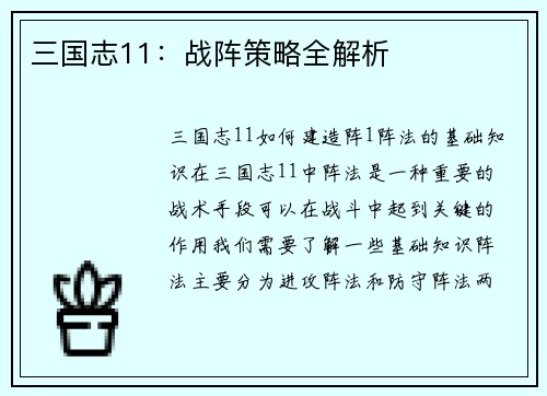 三国志11：战阵策略全解析