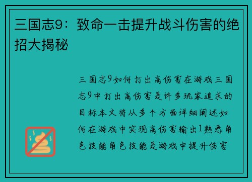 三国志9：致命一击提升战斗伤害的绝招大揭秘
