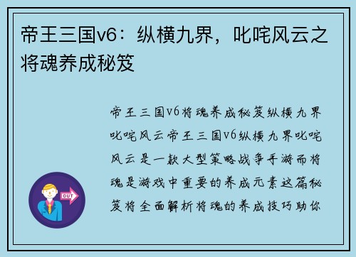 帝王三国v6：纵横九界，叱咤风云之将魂养成秘笈